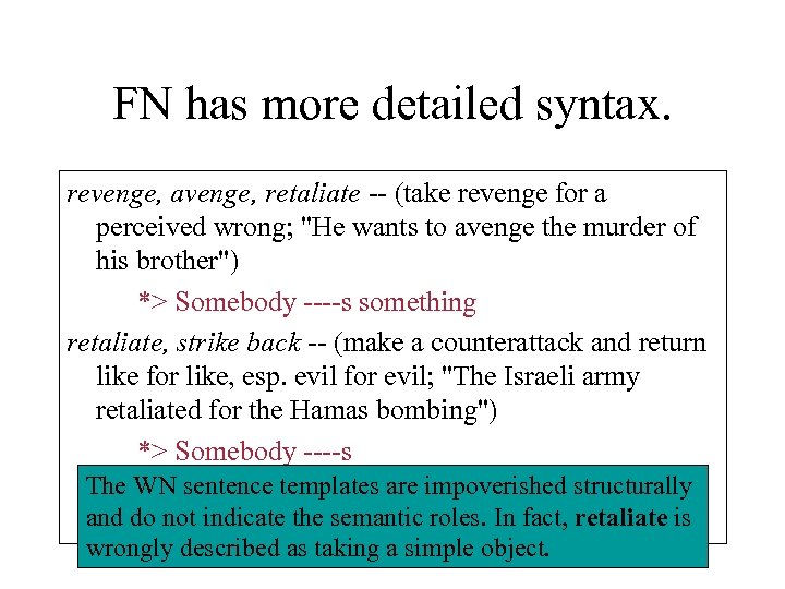FN has more detailed syntax. revenge, avenge, retaliate -- (take revenge for a perceived