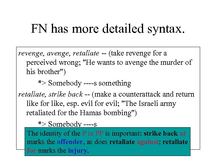 FN has more detailed syntax. revenge, avenge, retaliate -- (take revenge for a perceived