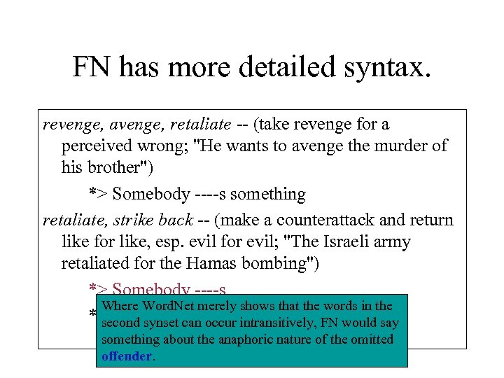 FN has more detailed syntax. revenge, avenge, retaliate -- (take revenge for a perceived