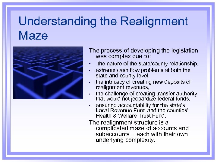 Understanding the Realignment Maze The process of developing the legislation was complex due to: