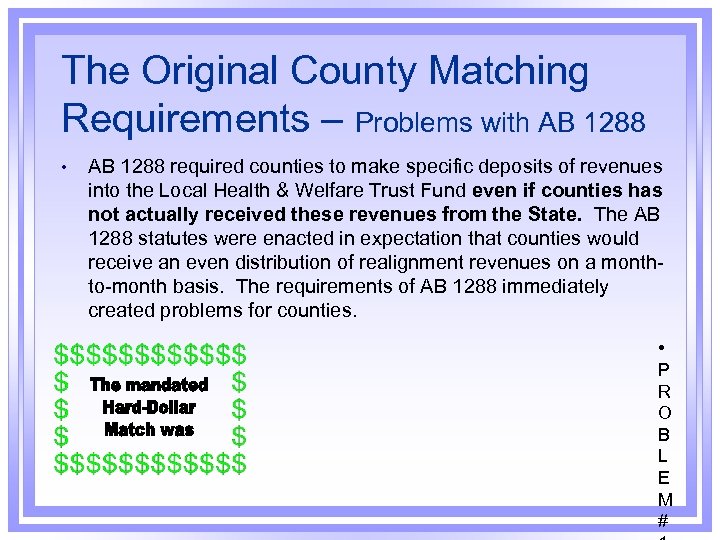 The Original County Matching Requirements – Problems with AB 1288 • AB 1288 required