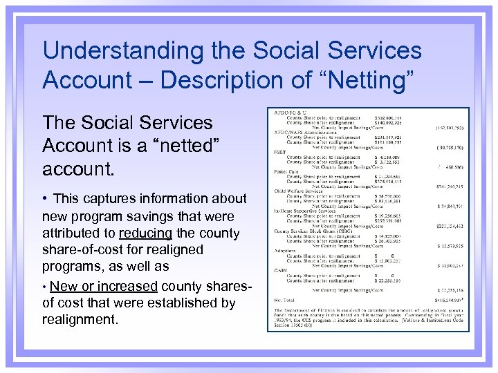 Understanding the Social Services Account – Description of “Netting” The Social Services Account is