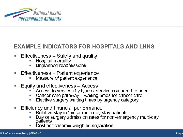 EXAMPLE INDICATORS FOR HOSPITALS AND LHNS § Effectiveness – Safety and quality § §