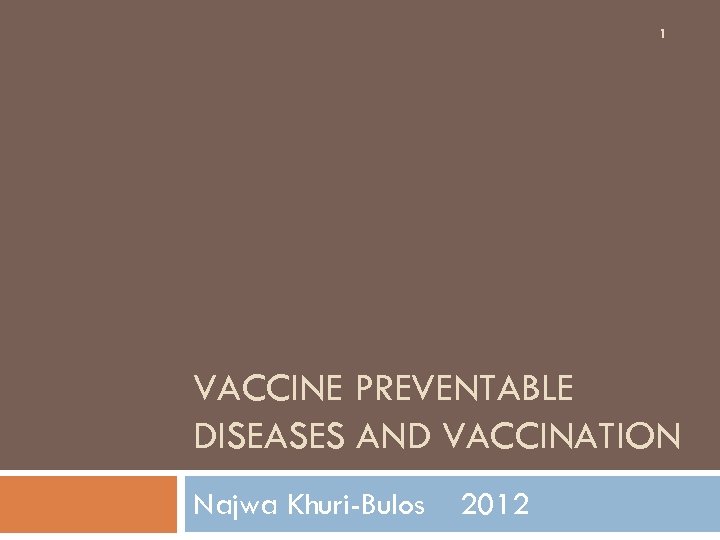 1 VACCINE PREVENTABLE DISEASES AND VACCINATION Najwa Khuri-Bulos 2012 