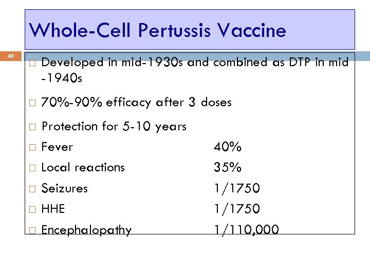 Whole-Cell Pertussis Vaccine 40 Developed in mid-1930 s and combined as DTP in mid