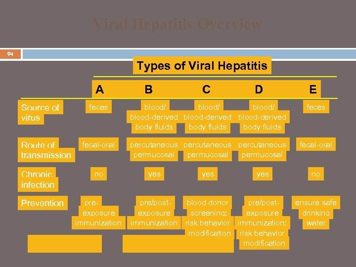 Viral Hepatitis Overview 94 Types of Viral Hepatitis A Source of virus Route of