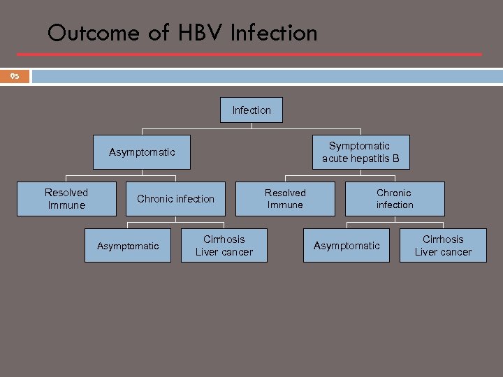Outcome of HBV Infection 95 Infection Symptomatic acute hepatitis B Asymptomatic Resolved Immune Chronic