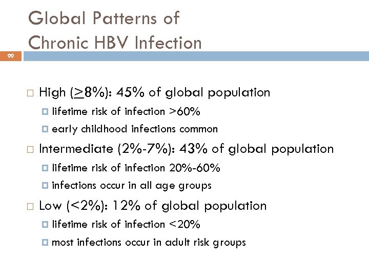 99 Global Patterns of Chronic HBV Infection High (>8%): 45% of global population lifetime