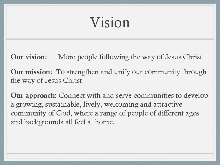Vision Our vision: More people following the way of Jesus Christ Our mission: To