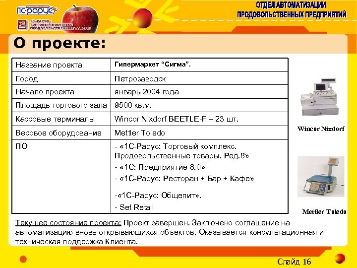 О проекте: Название проекта Гипермаркет “Сигма”. Город Петрозаводск Начало проекта январь 2004 года Площадь