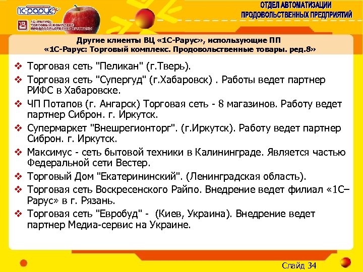 Другие клиенты ВЦ « 1 С-Рарус» , использующие ПП « 1 С-Рарус: Торговый комплекс.