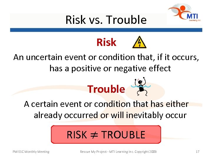 Risk vs. Trouble Risk An uncertain event or condition that, if it occurs, has