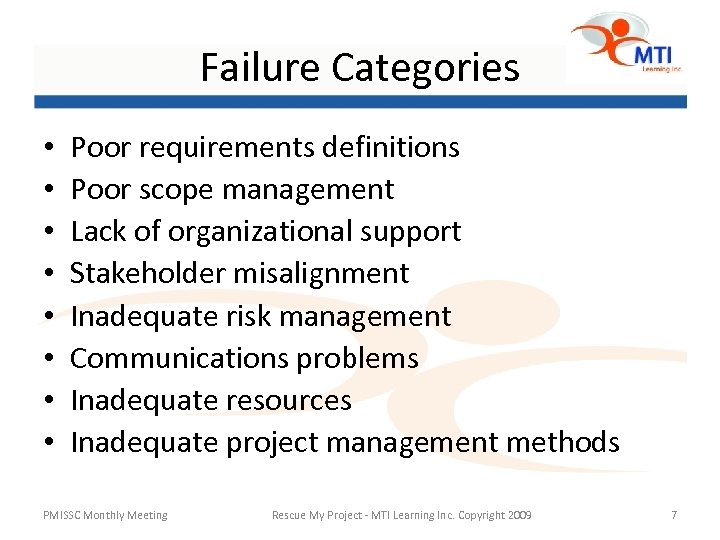 Failure Categories • • Poor requirements definitions Poor scope management Lack of organizational support