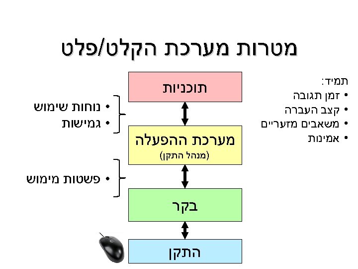  מטרות מערכת הקלט/פלט תמיד: • זמן תגובה • קצב העברה • משאבים מזעריים