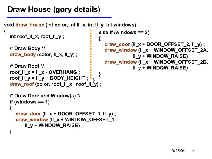 Draw House (gory details) void draw_house (int color, int ll_x, int ll_y, int windows)