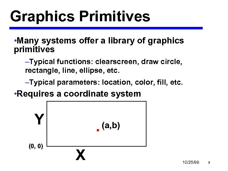 Graphics Primitives • Many systems offer a library of graphics primitives –Typical functions: clearscreen,