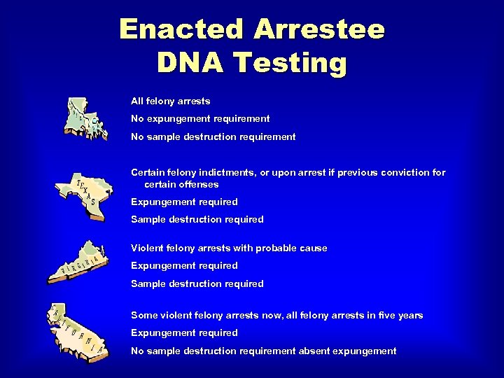 Enacted Arrestee DNA Testing All felony arrests No expungement requirement No sample destruction requirement