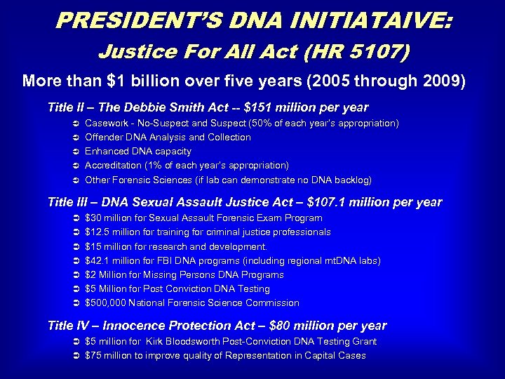 PRESIDENT’S DNA INITIATAIVE: Justice For All Act (HR 5107) More than $1 billion over