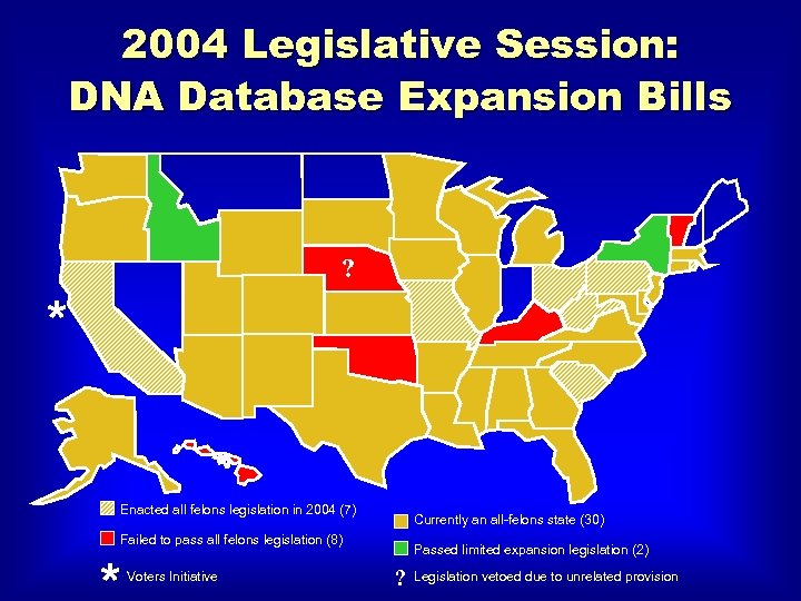 2004 Legislative Session: DNA Database Expansion Bills ? * Enacted all felons legislation in
