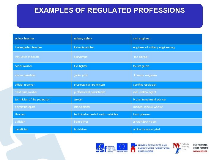 EXAMPLES OF REGULATED PROFESSIONS school teacher railway safety civil engineer kindergarten teacher train dispatcher