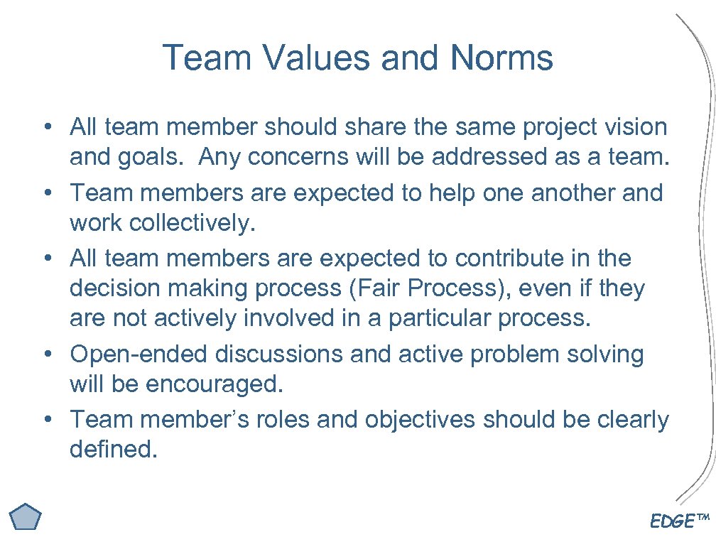 Team Values and Norms • All team member should share the same project vision