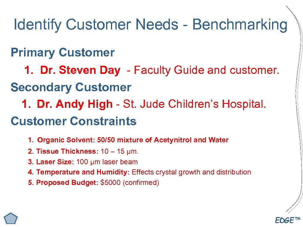Identify Customer Needs - Benchmarking Primary Customer 1. Dr. Steven Day - Faculty Guide