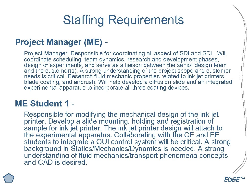 Staffing Requirements Project Manager (ME) Project Manager: Responsible for coordinating all aspect of SDI