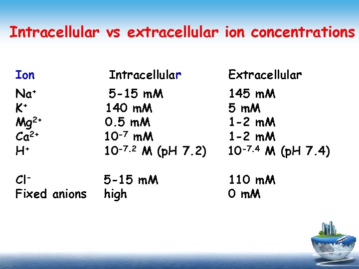 Intracellular vs extracellular ion concentrations Ion Intracellular Extracellular Na+ K+ Mg 2+ Ca 2+