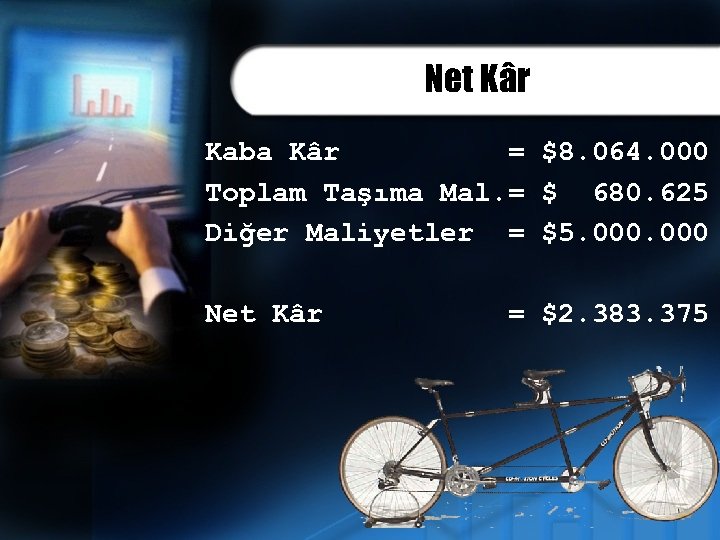 Net Kâr Kaba Kâr = $8. 064. 000 Toplam Taşıma Mal. = $ 680.