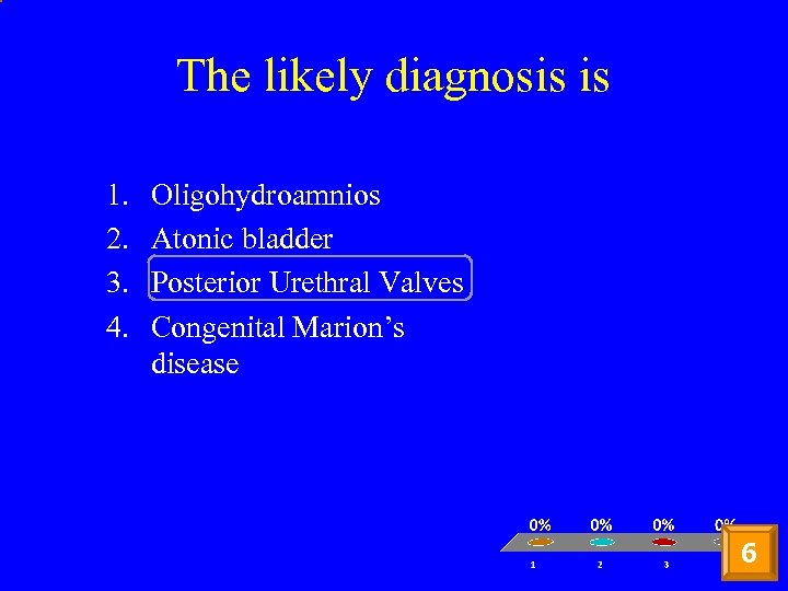 The likely diagnosis is 1. 2. 3. 4. Oligohydroamnios Atonic bladder Posterior Urethral Valves