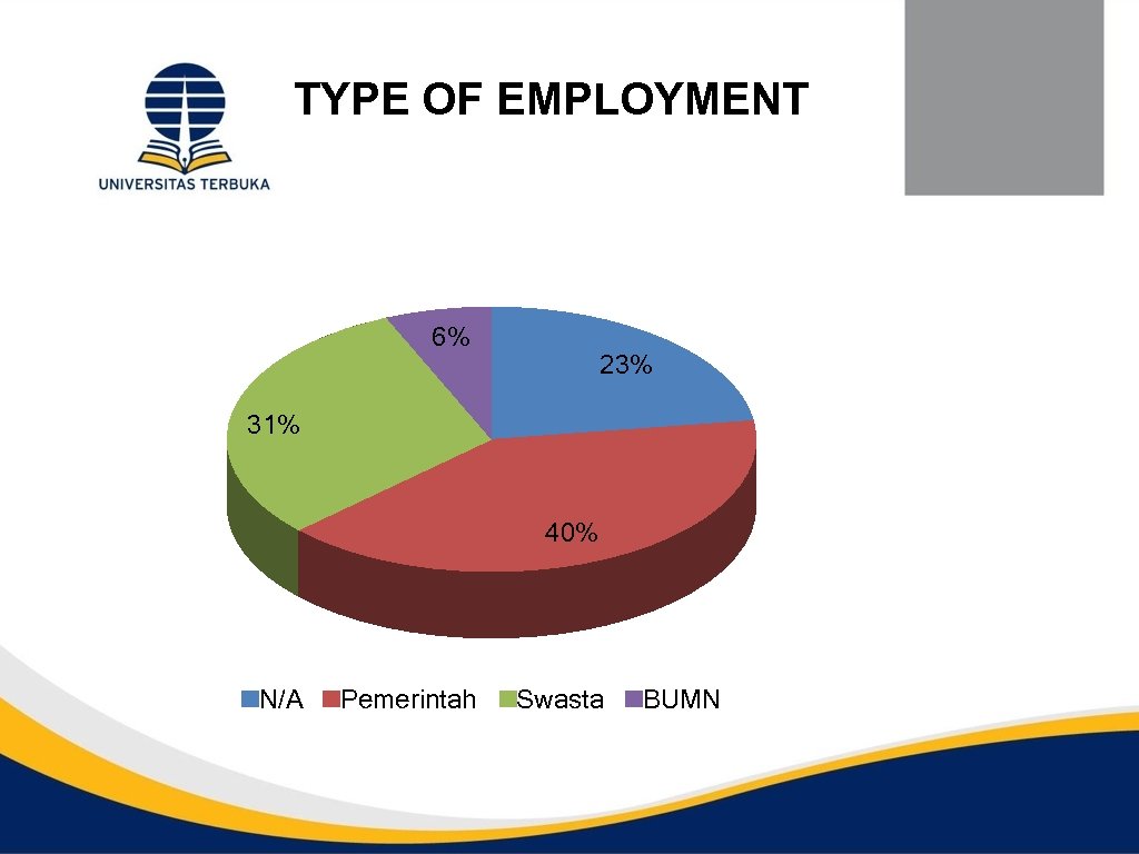 TYPE OF EMPLOYMENT 6% 23% 31% 40% N/A Pemerintah Swasta BUMN 