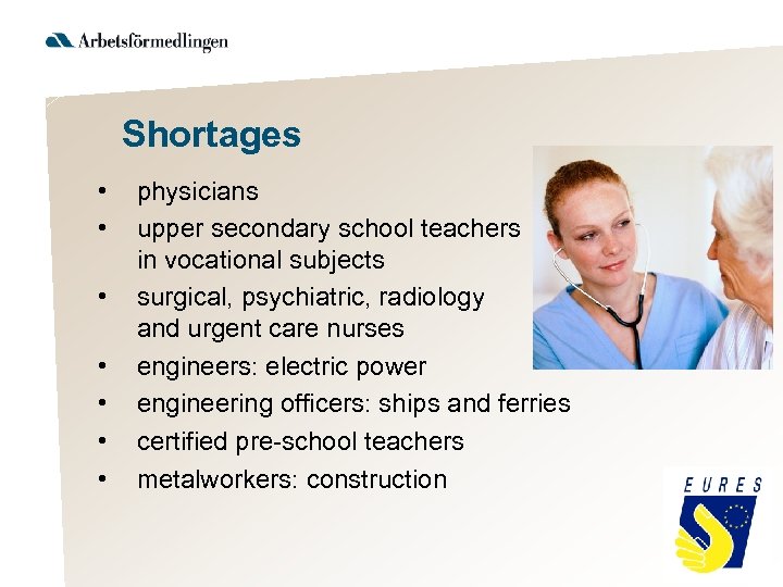 Shortages • • physicians upper secondary school teachers in vocational subjects surgical, psychiatric, radiology