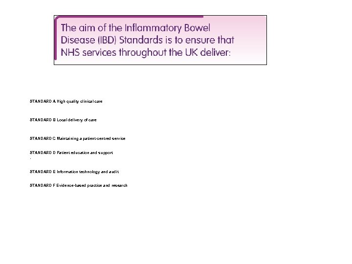  STANDARD A High quality clinical care STANDARD B Local delivery of care STANDARD