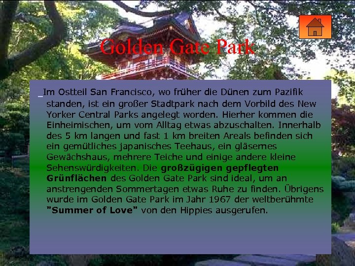 Golden Gate Park Im Ostteil San Francisco, wo früher die Dünen zum Pazifik standen,