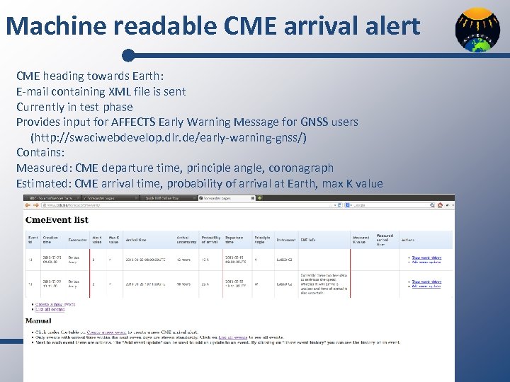 Machine readable CME arrival alert CME heading towards Earth: E-mail containing XML file is
