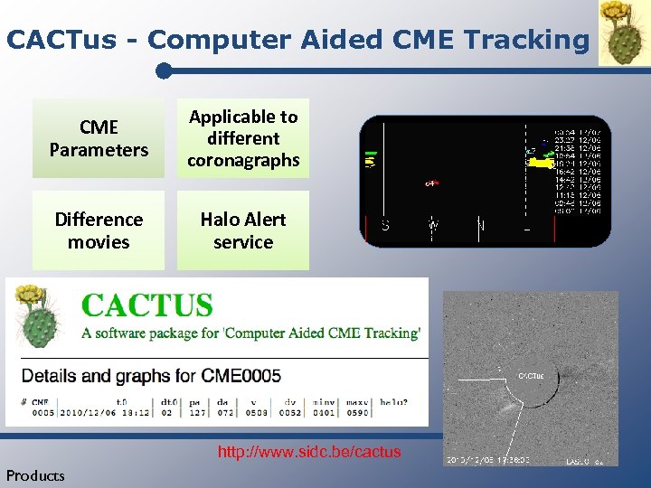 CACTus - Computer Aided CME Tracking CME Parameters Applicable to different coronagraphs Difference movies