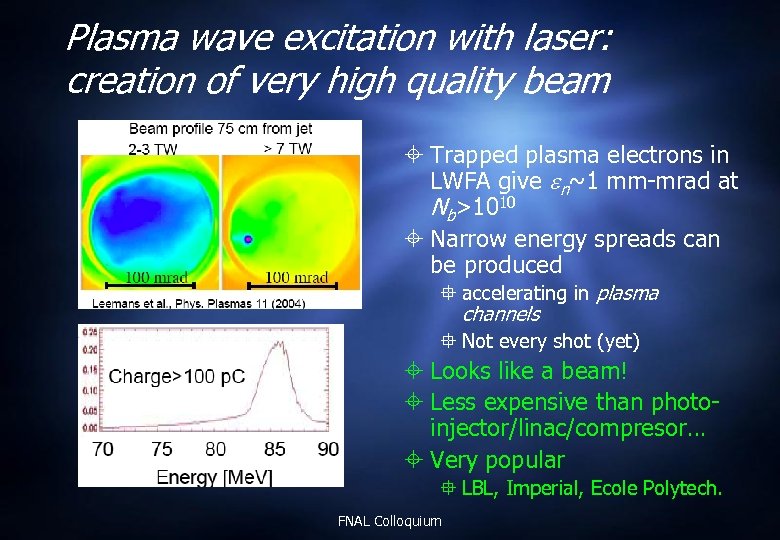 Plasma wave excitation with laser: creation of very high quality beam Trapped plasma electrons
