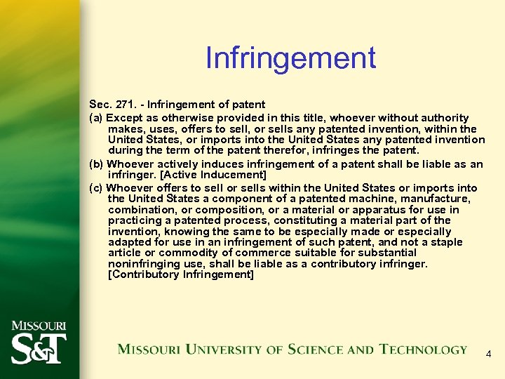 Infringement Sec. 271. - Infringement of patent (a) Except as otherwise provided in this