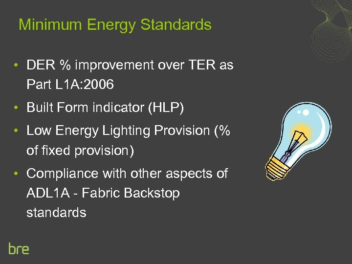 Minimum Energy Standards • DER % improvement over TER as Part L 1 A: