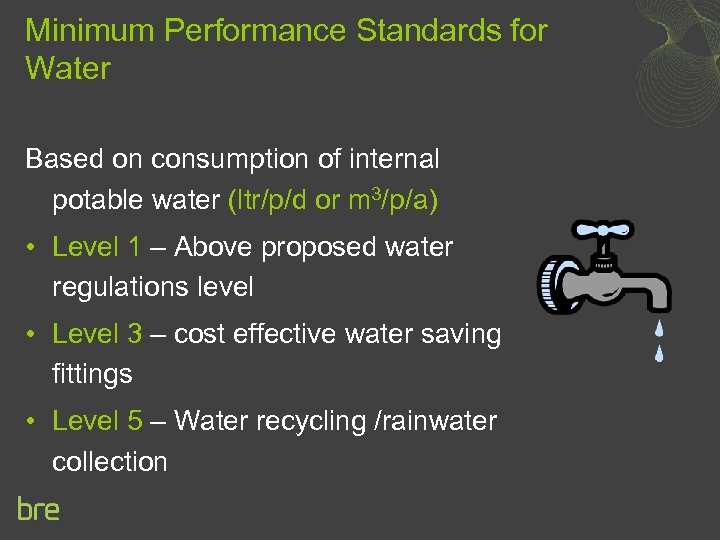 Minimum Performance Standards for Water Based on consumption of internal potable water (ltr/p/d or