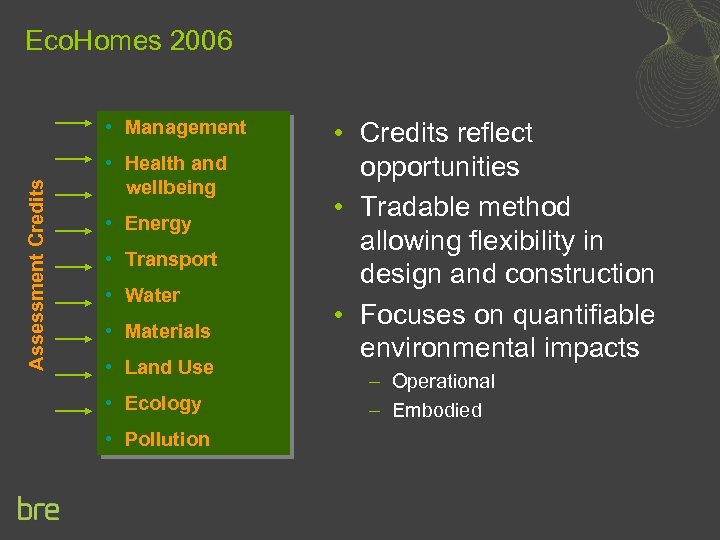 Eco. Homes 2006 Assessment Credits • Management • Health and wellbeing • Energy •