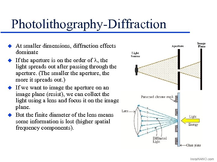 Photolithography-Diffraction u u At smaller dimensions, diffraction effects dominate If the aperture is on