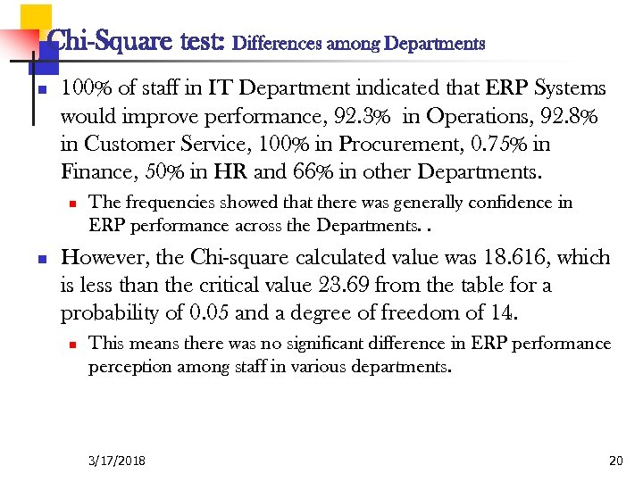 Chi-Square test: Differences among Departments n 100% of staff in IT Department indicated that
