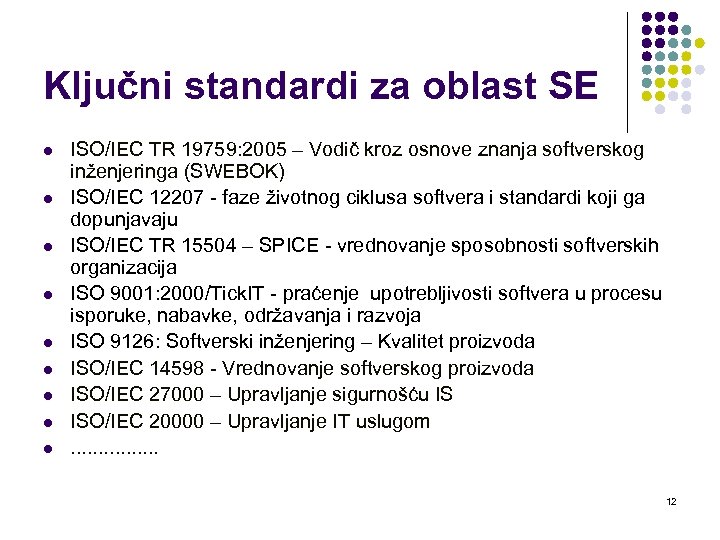 Ključni standardi za oblast SE l l l l l ISO/IEC TR 19759: 2005