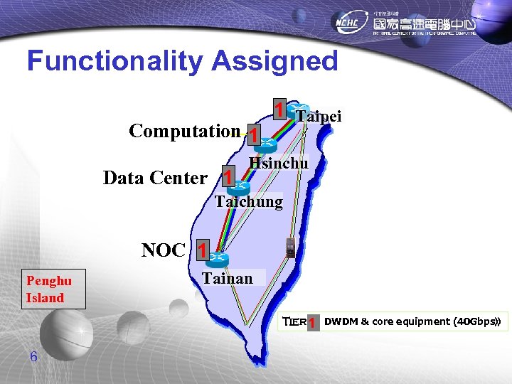 Functionality Assigned Computation 1 Data Center 1 1 Taipei Hsinchu Taichung NOC 1 Penghu