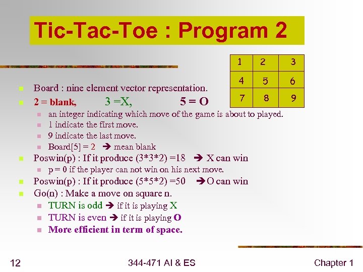 Tic-Tac-Toe : Program 2 1 n n Board : nine element vector representation. 2