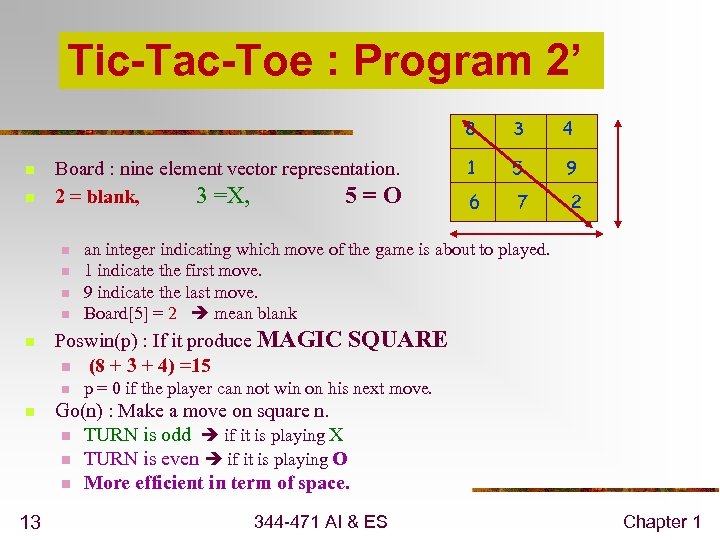 Tic-Tac-Toe : Program 2’ 8 n n Board : nine element vector representation. 2