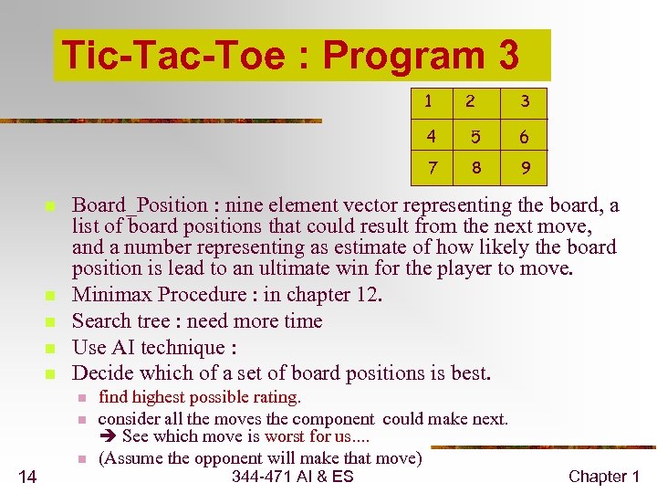 Tic-Tac-Toe : Program 3 1 n n n 6 8 9 Board_Position : nine
