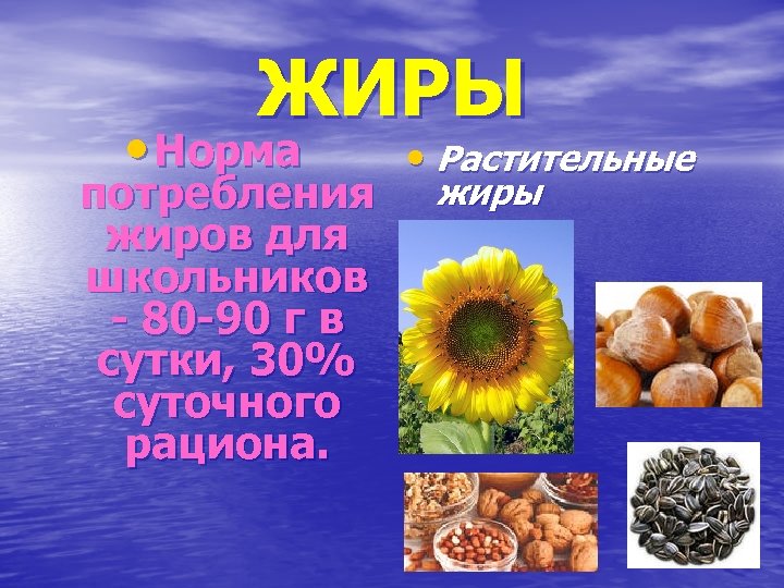 ЖИРЫ • Норма потребления жиров для школьников - 80 -90 г в сутки, 30%