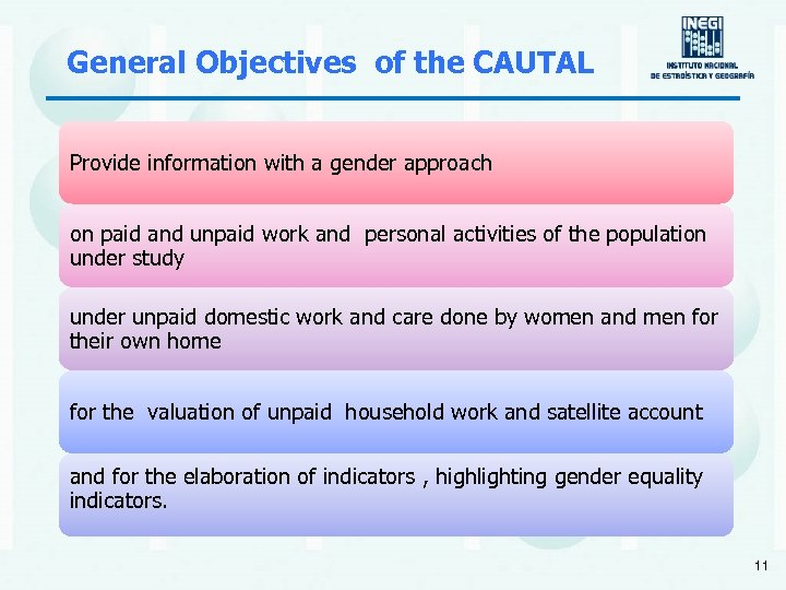 General Objectives of the CAUTAL Provide information with a gender approach on paid and